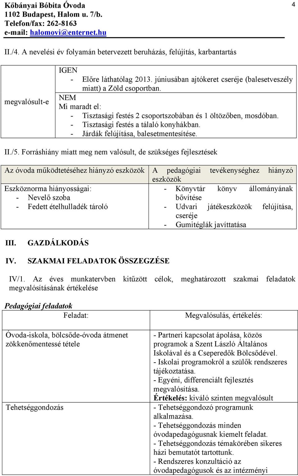 NEM Mi maradt el: - Tisztasági festés 2 csoportszobában és 1 öltözőben, mosdóban. - Tisztasági festés a tálaló konyhákban. - Járdák felújítása, balesetmentesítése. II./5.