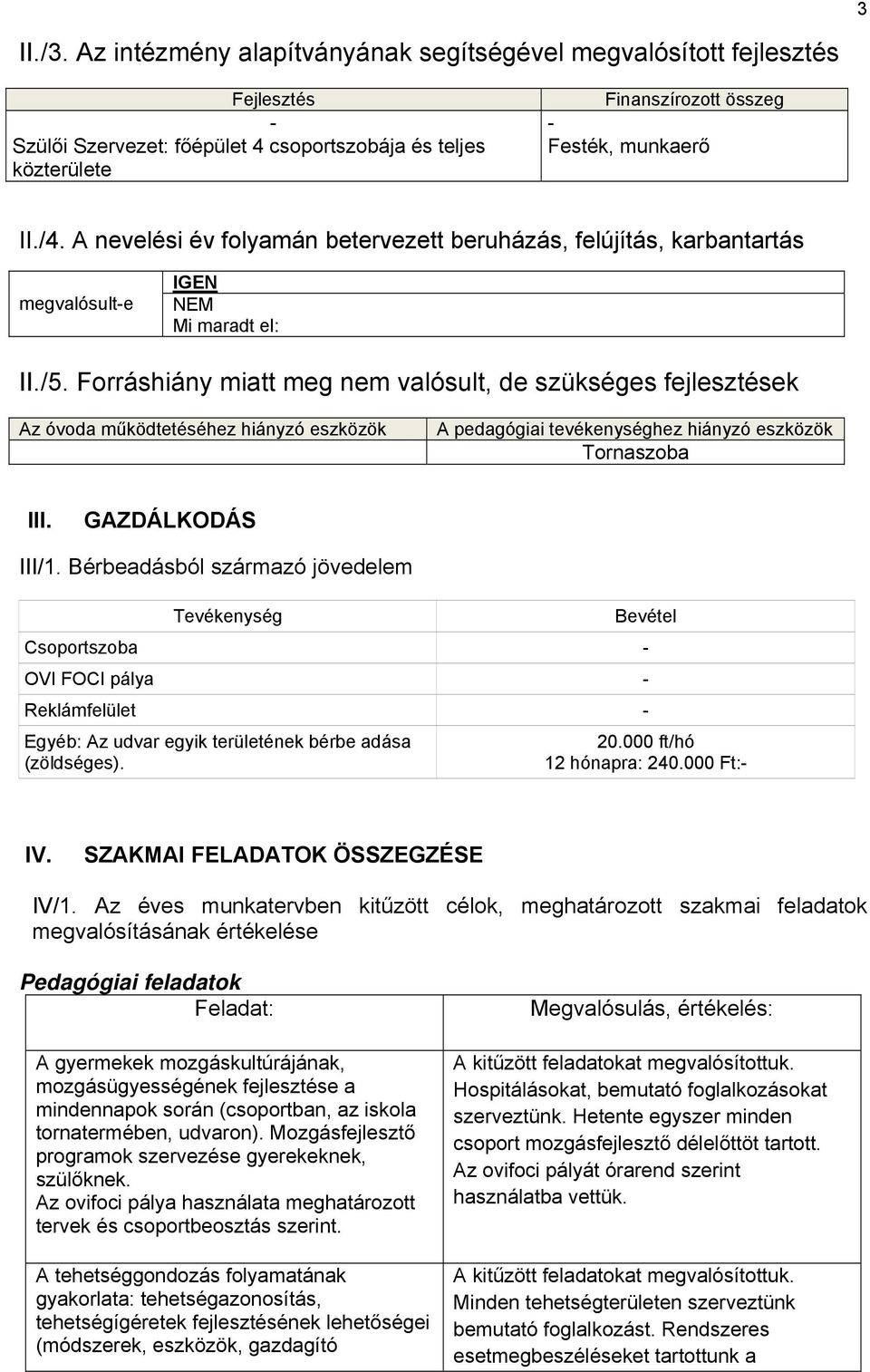 Forráshiány miatt meg nem valósult, de szükséges fejlesztések Az óvoda működtetéséhez hiányzó eszközök A pedagógiai tevékenységhez hiányzó eszközök Tornaszoba III. GAZDÁLKODÁS III/1.