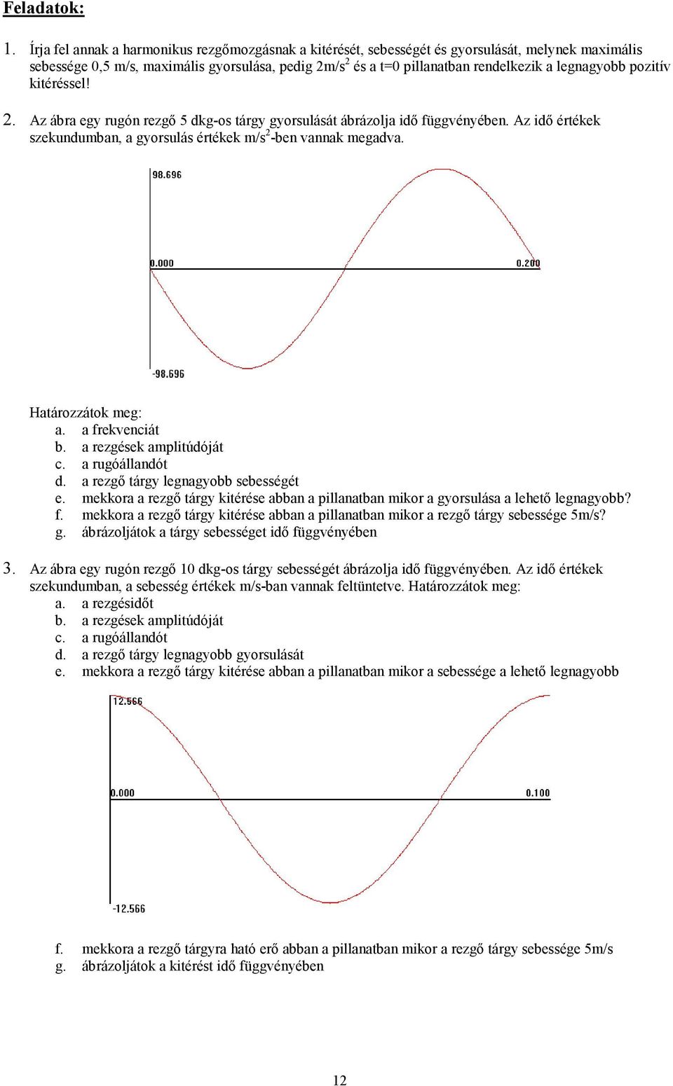 Határozzátok meg: a. a frekvenciát b. a rezgések amplitúdóját c. a rugóállandót d. a rezgı tárgy legnagyobb sebességét e.