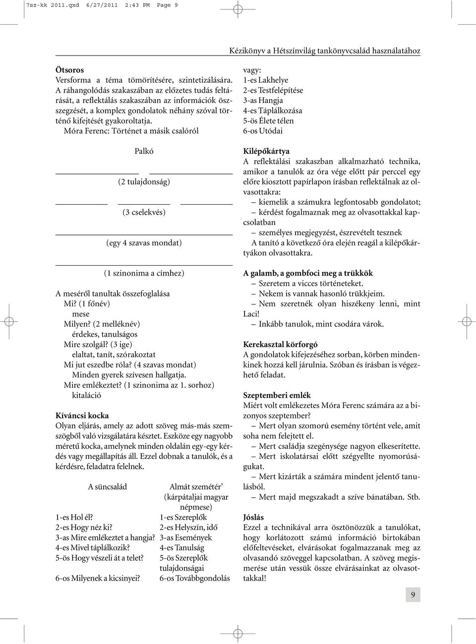 Móra Ferenc: Történet a másik csalóról Palkó (2 tulajdonság) (3 cselekvés) (egy 4 szavas mondat) (1 szinonima a címhez) A mesérõl tanultak összefoglalása Mi? (1 fõnév) mese Milyen?