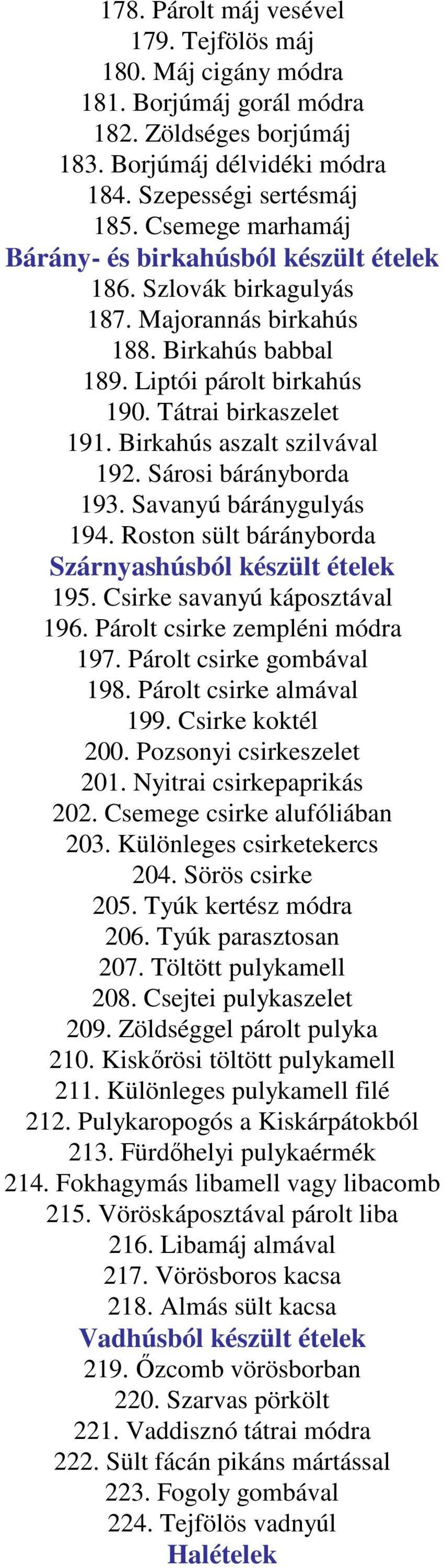 Birkahús aszalt szilvával 192. Sárosi bárányborda 193. Savanyú báránygulyás 194. Roston sült bárányborda Szárnyashúsból készült ételek 195. Csirke savanyú káposztával 196.