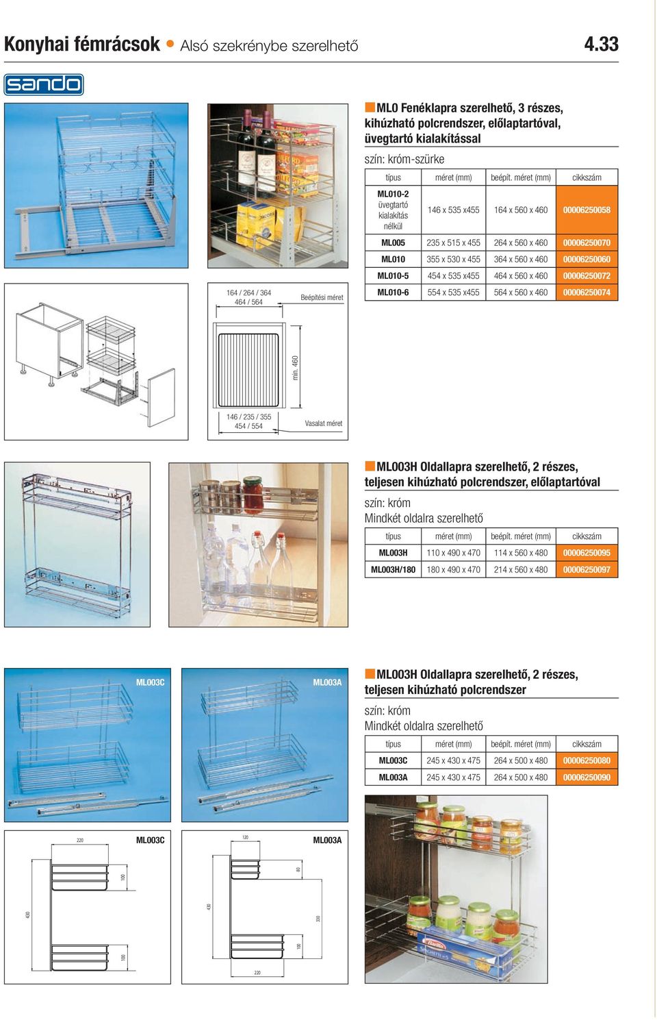 méret (mm) cikkszám ML010-2 üvegtartó kialakítás nélkül 146 x 535 x455 164 x 560 x 460 00006250058 ML005 235 x 515 x 455 264 x 560 x 460 00006250070 ML010 355 x 530 x 455 364 x 560 x 460 00006250060