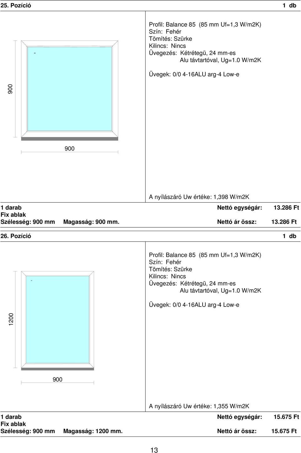 Pozíció 1 db 1200 A nyílászáró Uw értéke: 1,355 W/m2K 1 darab Nettó egységár:
