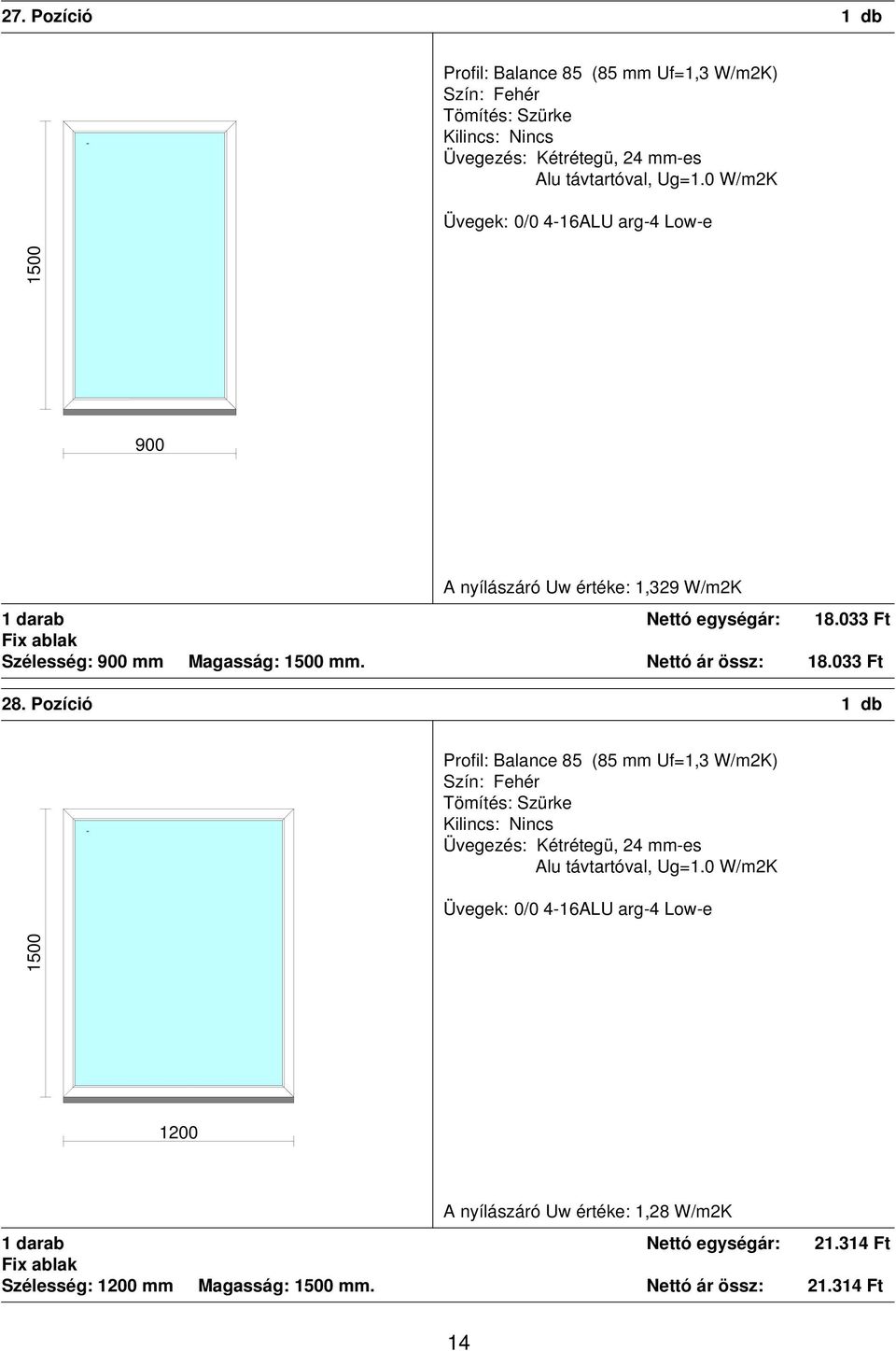 Pozíció 1 db 1200 A nyílászáró Uw értéke: 1,28 W/m2K 1 darab Nettó egységár: