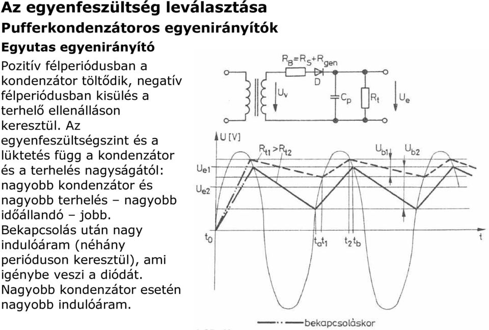 Az egyenfeszültségszint és a lüktetés függ a kondenzátor és a terhelés nagyságától: nagyobb kondenzátor és nagyobb