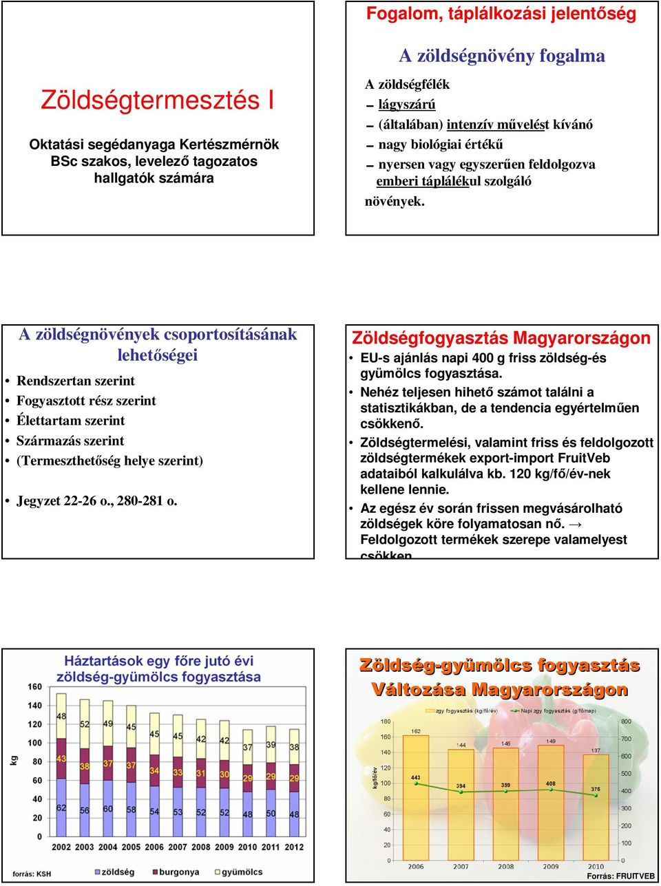 A zöldségnövények csoportosításának lehetőségei Rendszertan szerint Fogyasztott rész szerint Élettartam szerint Származás szerint (Termeszthetőség helye szerint) Jegyzet 22-26 o., 280-281 o.