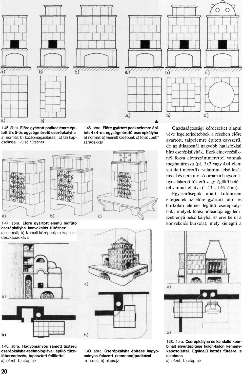 Előre gyártott padkaelemre épített 4x4-es egységméretű cserépkályha a) normál; b) kiemelt középpel; c) fölső búb" záradékkal Gazdaságossági kérdéseket alapul véve legelterjedtebbek a részben előre