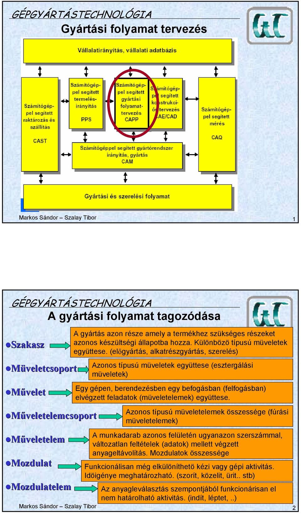 (előgyártás, alkatrészgyártás, szerelés) Azonos típusú müveletek együttese (esztergálási müveletek) Egy gépen, berendezésben egy befogásban (felfogásban) elvégzett feladatok (müveletelemek) együttese.