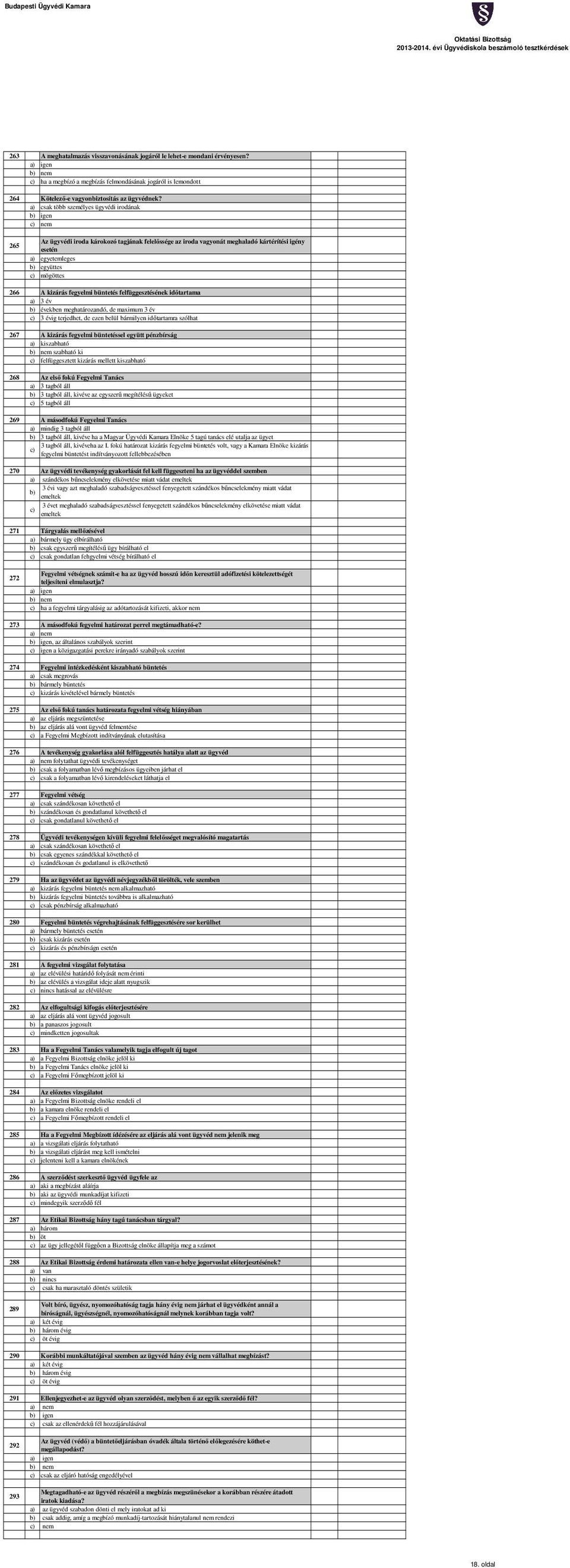 fegyelmi büntetés felfüggesztésének idıtartama a) 3 év években meghatározandó, de maximum 3 év c) 3 évig terjedhet, de ezen belül bármilyen idıtartamra szólhat 267 A kizárás fegyelmi büntetéssel