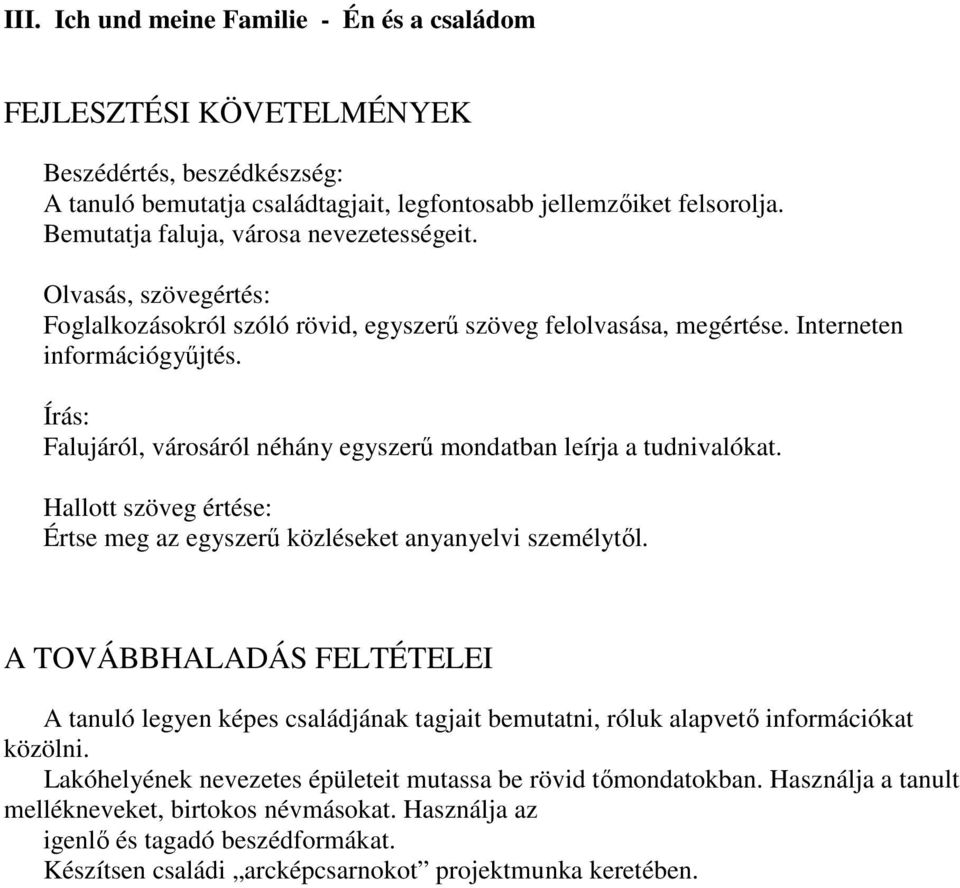 Írás: Falujáról, városáról néhány egyszerű mondatban leírja a tudnivalókat. Hallott szöveg értése: Értse meg az egyszerű közléseket anyanyelvi személytől.