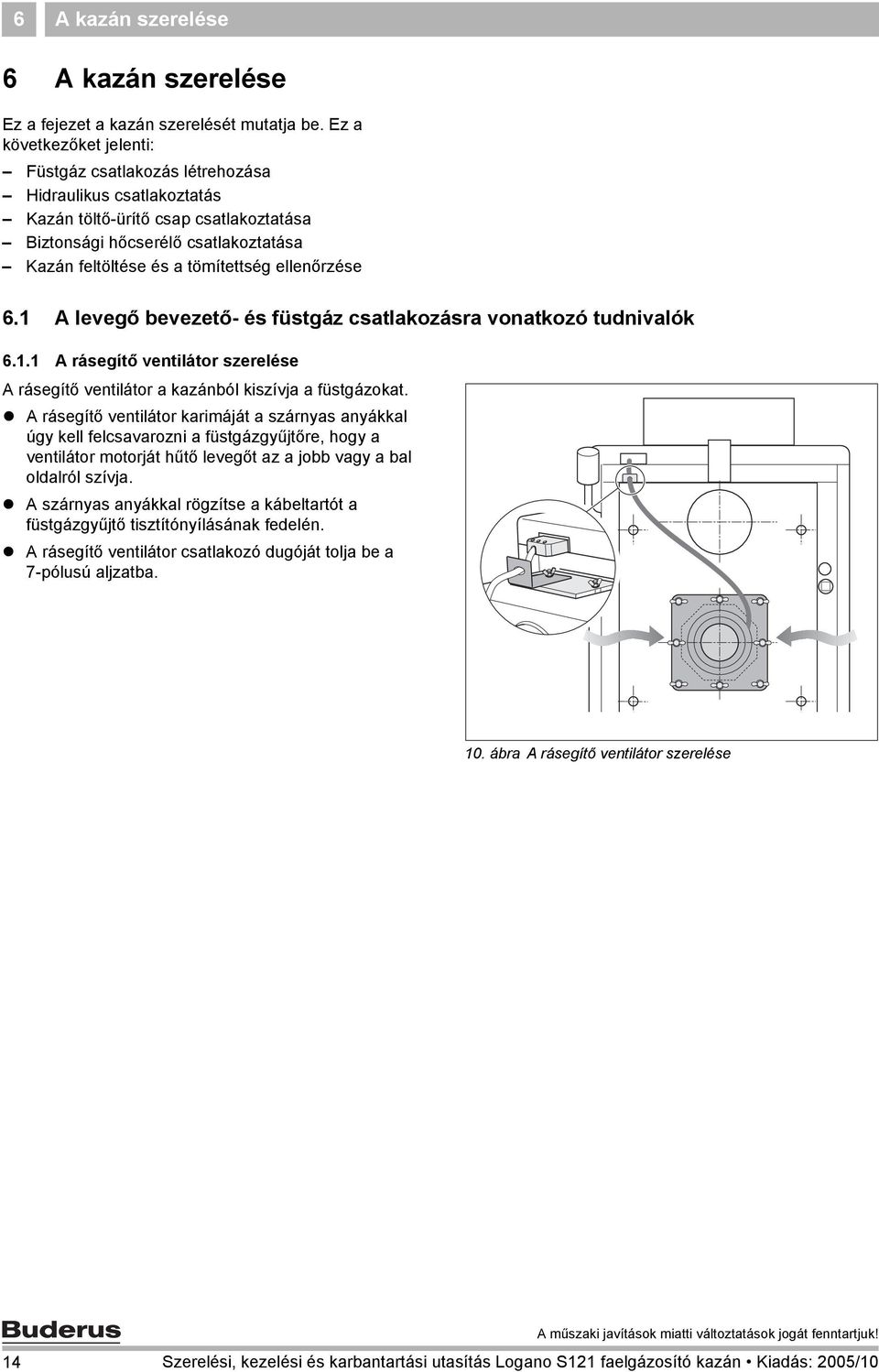 ellenőrzése 6.1 A levegő bevezető- és füstgáz csatlakozásra vonatkozó tudnivalók 6.1.1 A rásegítő ventilátor szerelése A rásegítő ventilátor a kazánból kiszívja a füstgázokat.