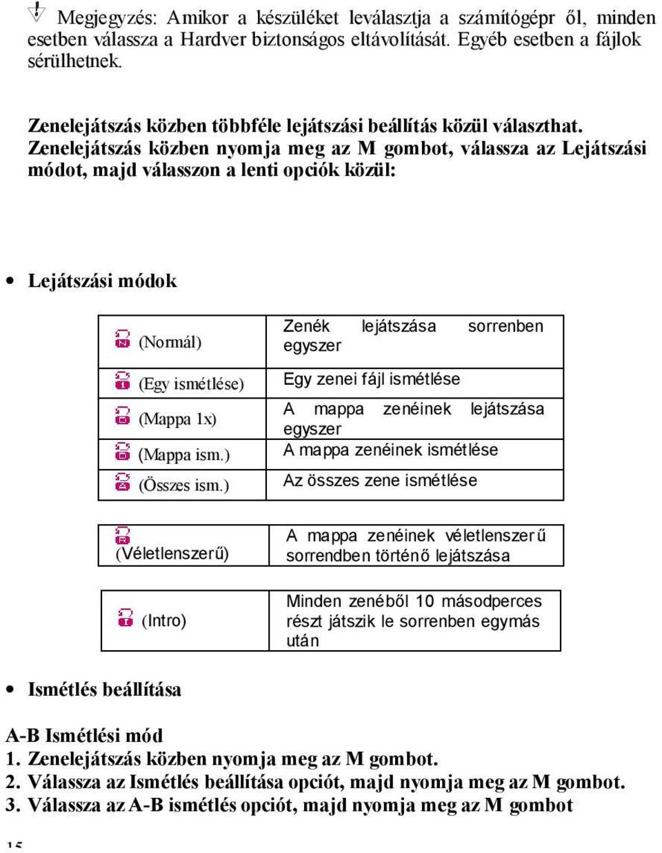 Zenelejátszás közben nyomja meg az M gombot, válassza az Lejátszási módot, majd válasszon a lenti opciók közül: Lejátszási módok (Normál) (Egy ismétlése) (Mappa 1x) (Mappa ism.) (Összes ism.