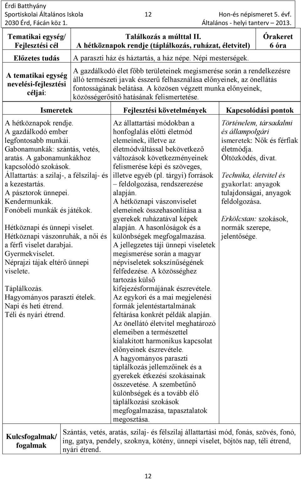 Órakeret 6 óra A gazdálkodó élet főbb területeinek megismerése során a rendelkezésre álló természeti javak ésszerű felhasználása előnyeinek, az önellátás fontosságának belátása.