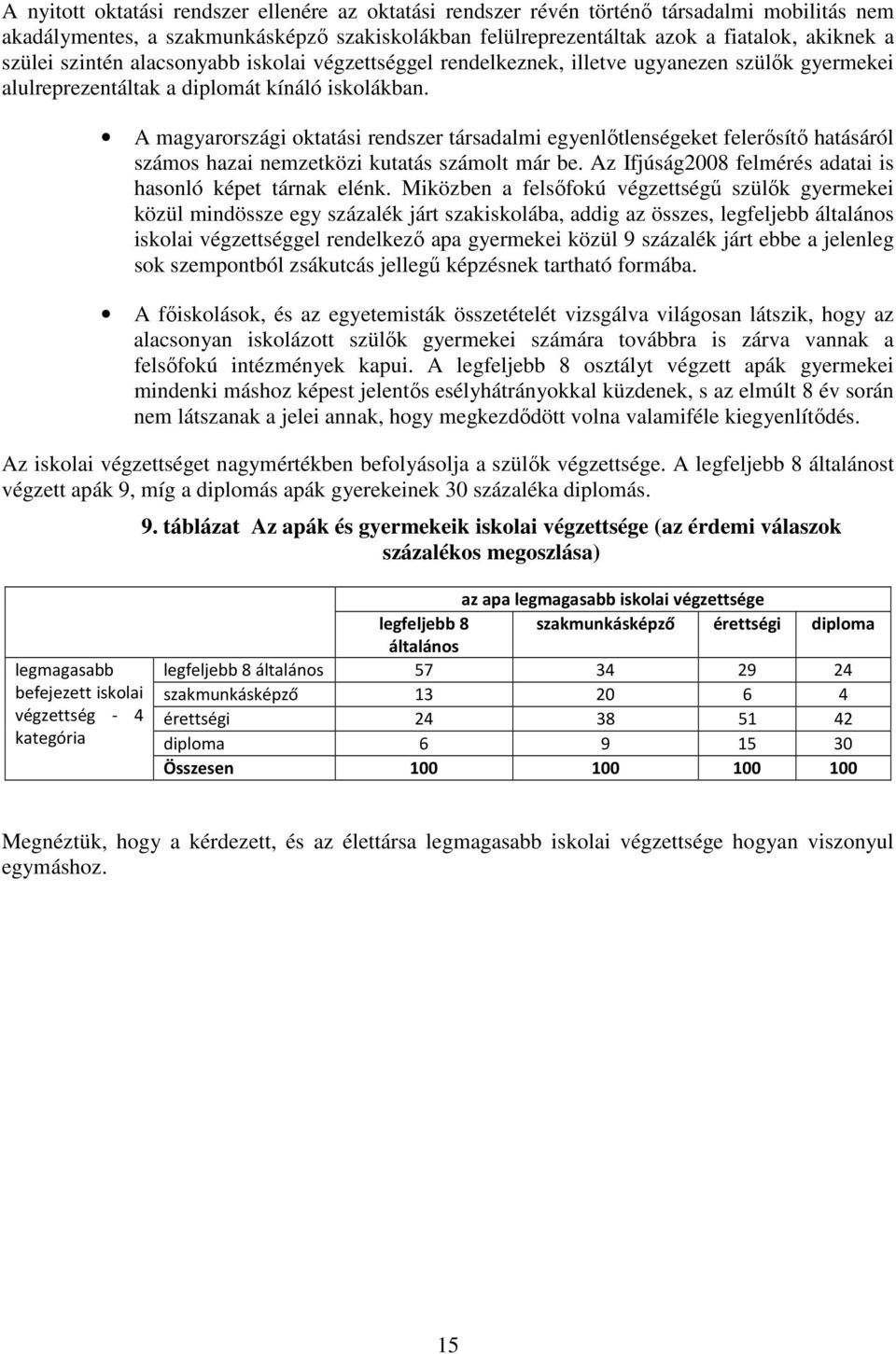 A magyarországi oktatási rendszer társadalmi egyenlőtlenségeket felerősítő hatásáról számos hazai nemzetközi kutatás számolt már be. Az Ifjúság2008 felmérés adatai is hasonló képet tárnak elénk.