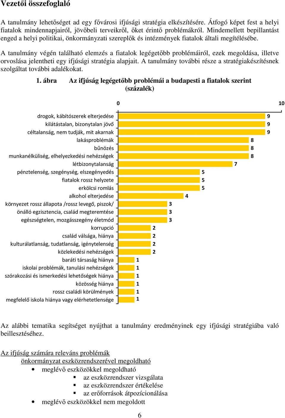 A tanulmány végén található elemzés a fiatalok legégetőbb problémáiról, ezek megoldása, illetve orvoslása jelentheti egy ifjúsági stratégia alapjait.