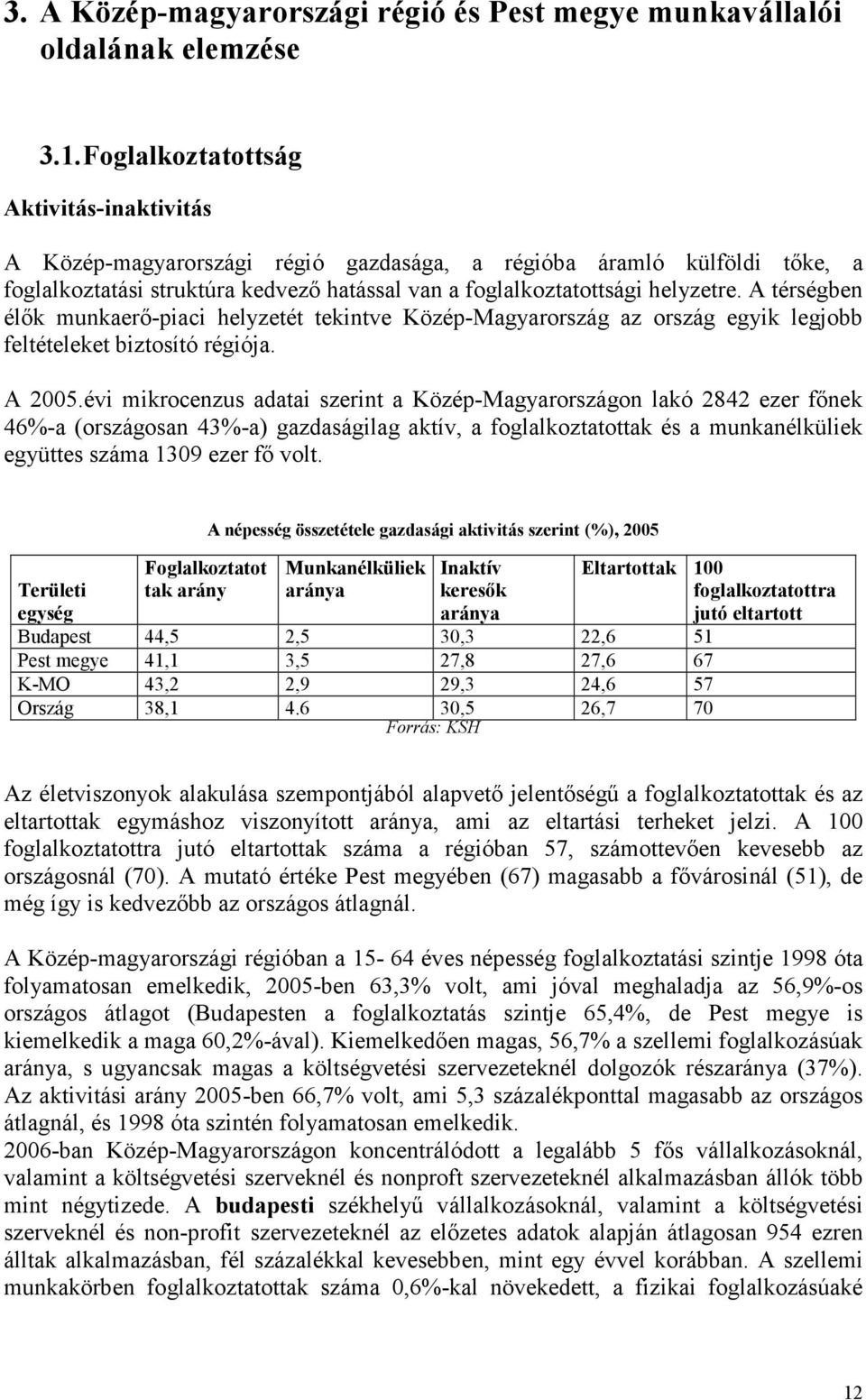 A térségben élık munkaerı-piaci helyzetét tekintve Közép-Magyarország az ország egyik legjobb feltételeket biztosító régiója. A 2005.