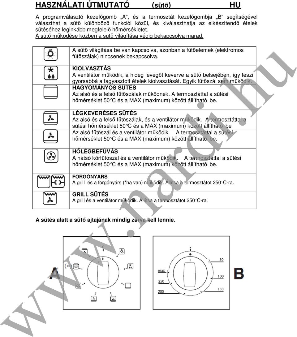 A sütő világítása be van kapcsolva, azonban a fűtőelemek (elektromos fűtőszálak) nincsenek bekapcsolva.