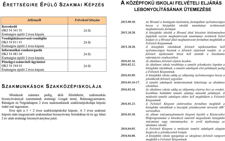 szakmunkások szakközépiskolája képzés indul esti tagozaton. Erre épít a 3 + 2 éves szakközépiskolai képzés.