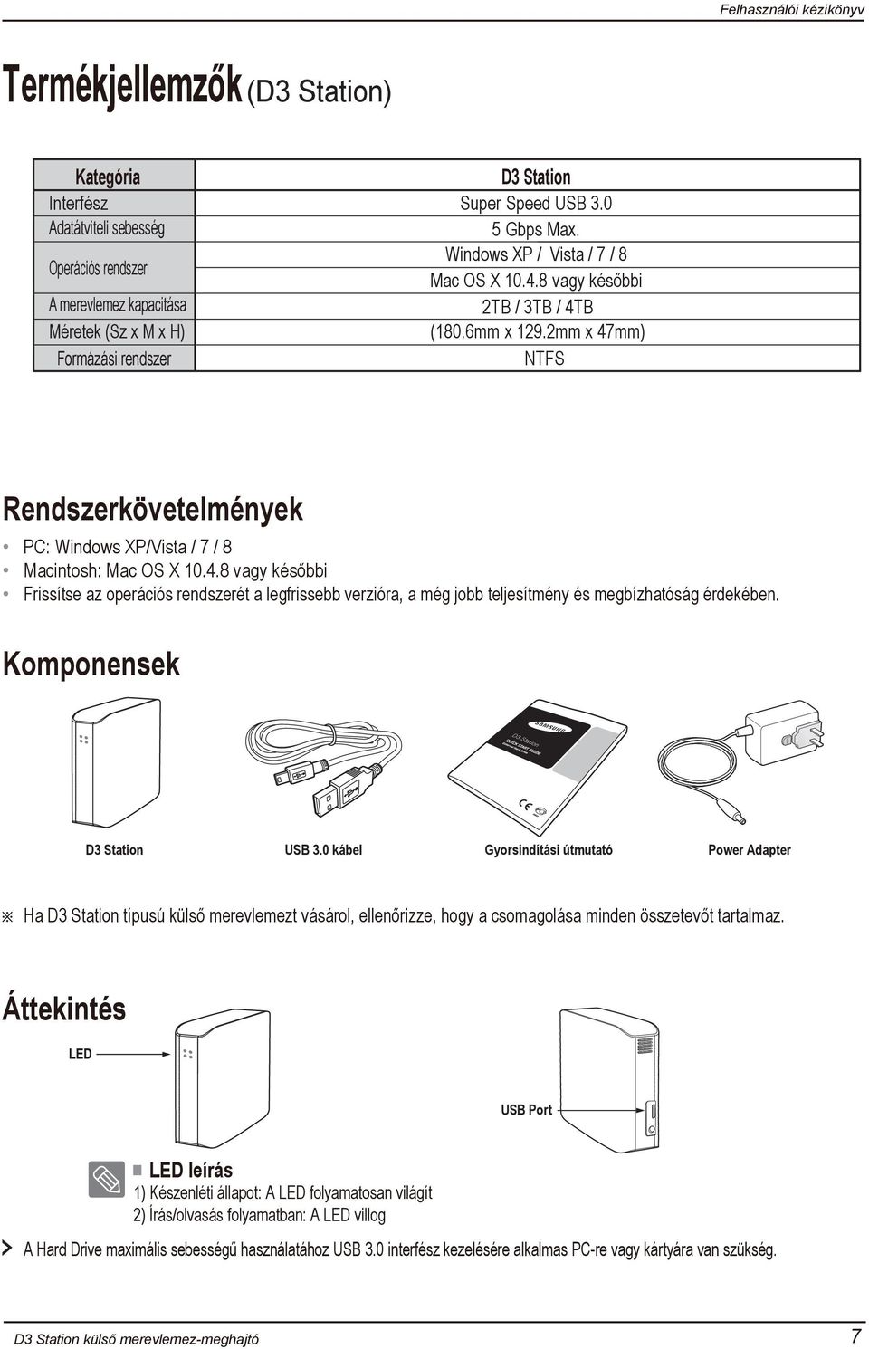 Komponensek D3 Sta tion D3 Station USB 3.0 kábel Gyorsindítási útmutató Power Adapter Ha D3 Station típusú külső merevlemezt vásárol, ellenőrizze, hogy a csomagolása minden összetevőt tartalmaz.