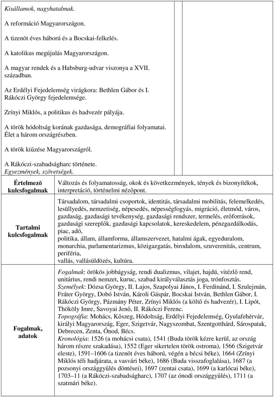 A török hódoltság korának gazdasága, demográfiai folyamatai. Élet a három országrészben. A török kiűzése Magyarországról. A Rákóczi-szabadságharc története. Egyezmények, szövetségek.