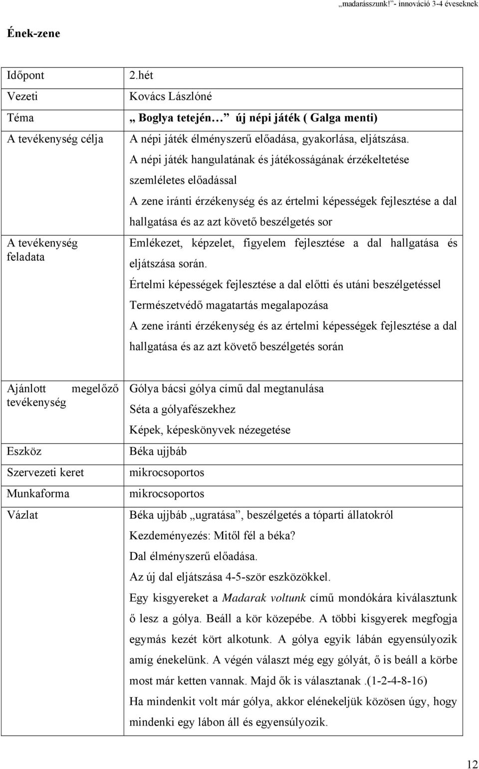 Emlékezet, képzelet, figyelem fejlesztése a dal hallgatása és eljátszása során.