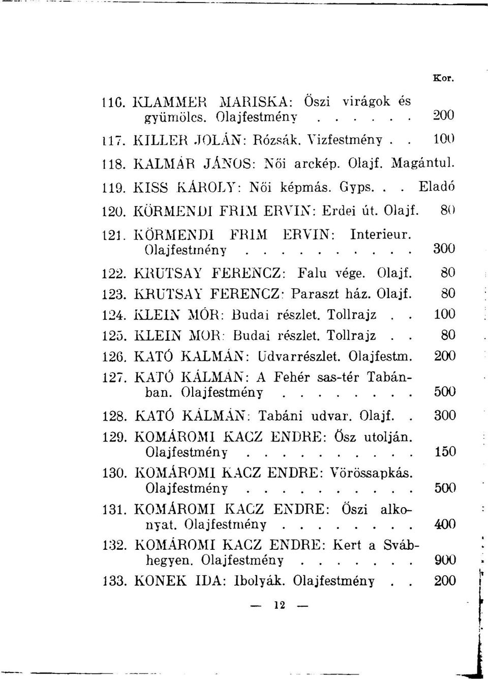 KLEIN MÓR: Budai részlet. Tollrajz.. 100 125. KLEIN MOR: Budai részlet. Tollrajz.. 80 126. KATÓ KÁLMÁN: Udvarrészlet. Olajfestm. 200 127. KATÓ KÁLMÁN: A Fehér sas-tér Tabánban. Olajfestmény 500 128.