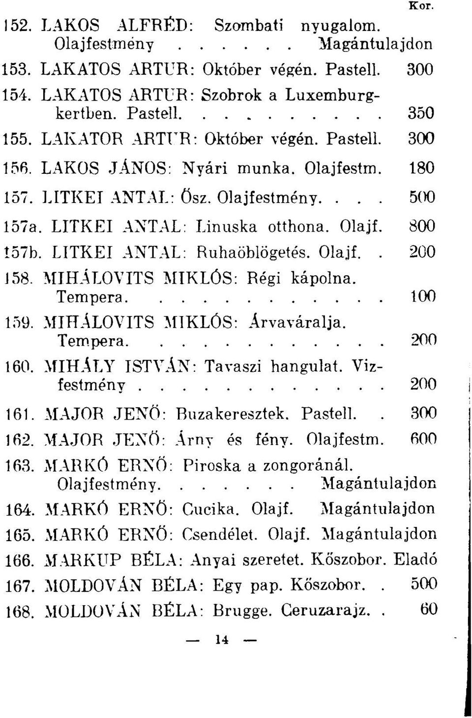 LITKEI ANTAL: Ruhaöbiögetés. Olajf.. 200 158. MIHÁLOVITS MIKLÓS: Régi kápolna. Tempera 100 159. MIHÁLOVITS MIKLÓS: Árvaváralja. Tempera 200 160. MIHÁLY ISTVÁN: Tavaszi hangulat. Vizfestmény 200 161.