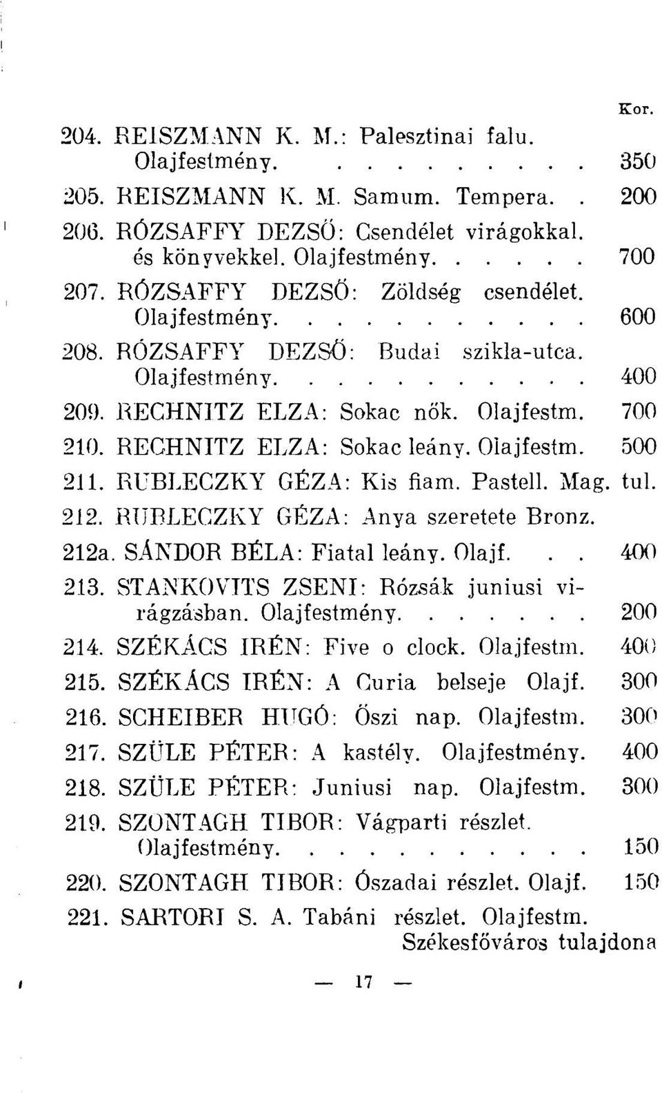 RUBLECZKY GÉZA: Kis fiam. Pastell. Mag. tul. 212. RUBLECZKY GÉZA: Anya szeretete Bronz. 212a. SÁNDOR BÉLA: Fiatal leány. Olajf... 400 213. STANKOVITS ZSENI: Rózsák juniusi virágzásban.