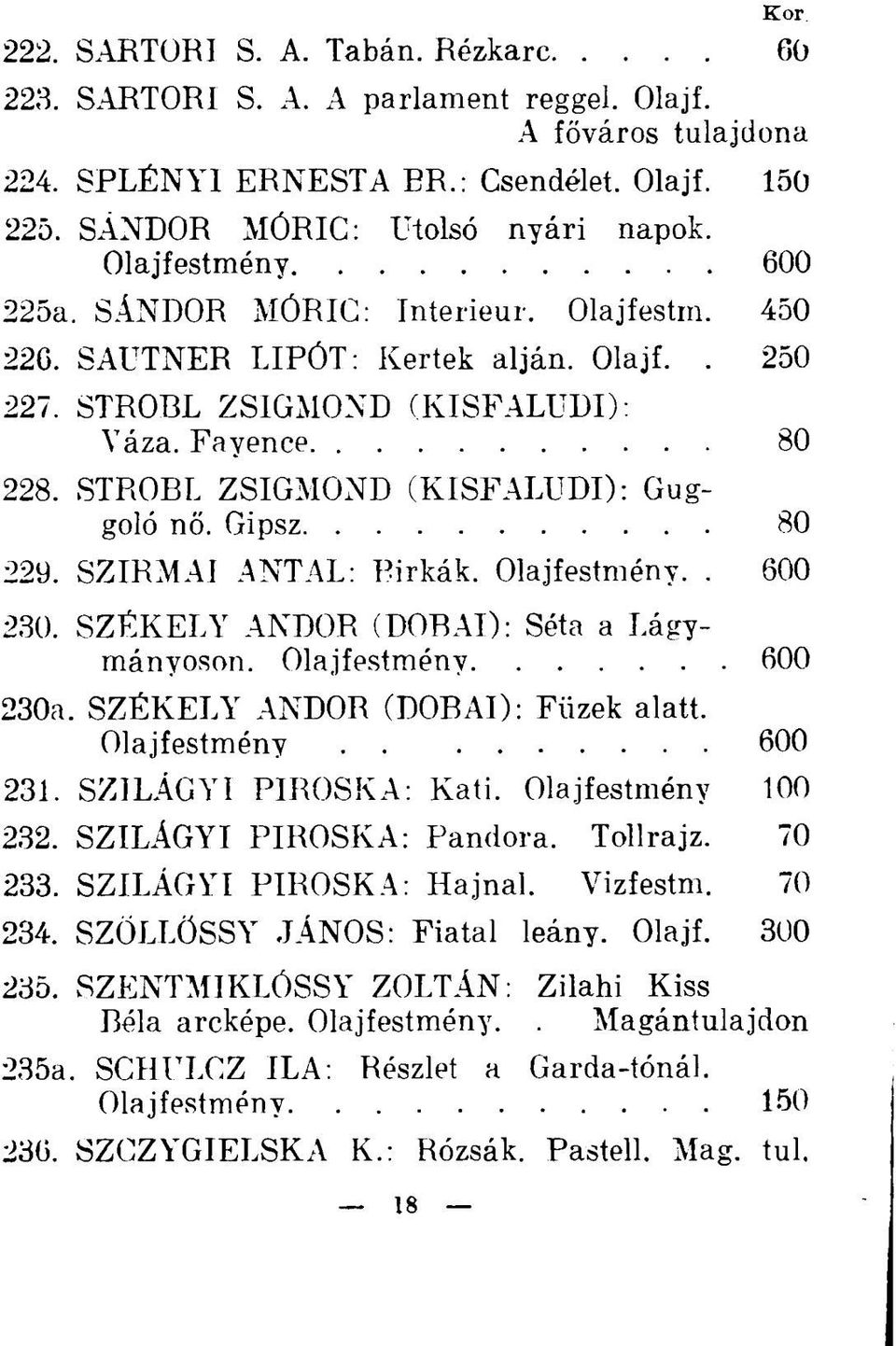 STRÓBL ZSIGMOND (KISFALUDI): Guggoló nő. Gipsz 80 229. SZIRMAI ANTAL: Birkák. Olajfestmény.. 600 230. SZÉKELY ANDOR (DOBAI): Séta a Lágymányoson. Olajfestmény 600 230a.