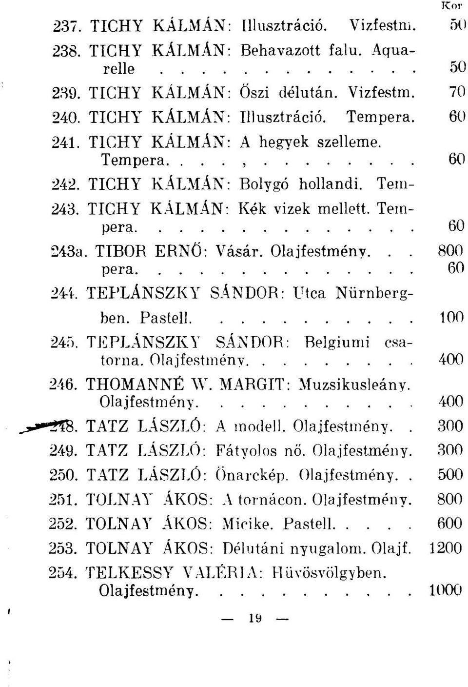 TEPLÁNSZKY SÁNDOR: Utca Nürnbergben. Pastell 100 245. TEPLÁNSZKY SÁNDOR: Relgiumi csatorna. Olajfestmény 400 246. THOMANNÉ W. MARGIT: Muzsikusleány. Olajfestmény 400 TATZ LÁSZLÓ: A modell.