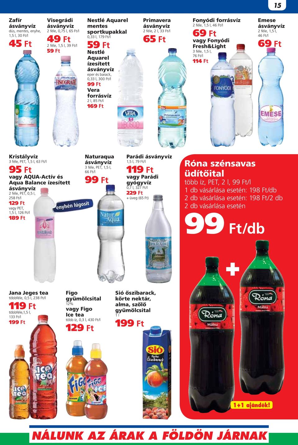 Ft vagy Fonyódi Fresh&Light 3 féle, 1,5 l, 76 Ft/l 114 Ft Emese ásványvíz 2 féle, 1,5 l, 46 Ft/l 69 Ft Kristályvíz 3 féle, PET, 1,5 l, 63 Ft/l 95 Ft vagy AQUA-Actív és Aqua Balance ízesített