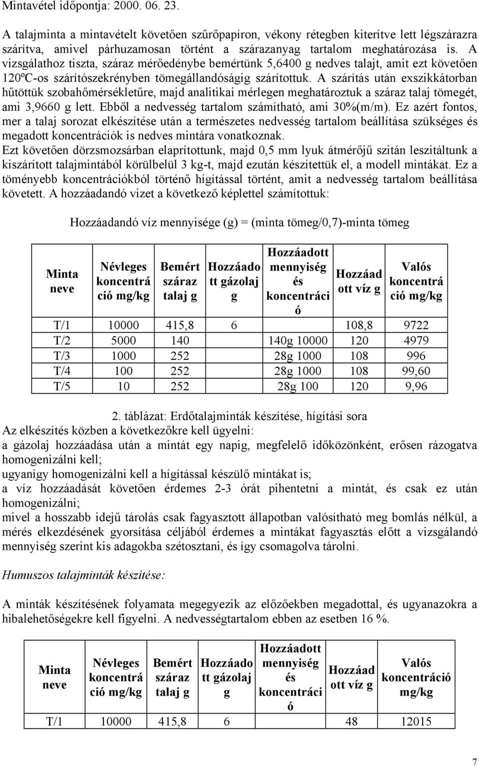 A vizsgálathoz tiszta, száraz mérőedénybe bemértünk 5,6400 g nedves talajt, amit ezt követően 120ºC-os szárítószekrényben tömegállandóságig szárítottuk.