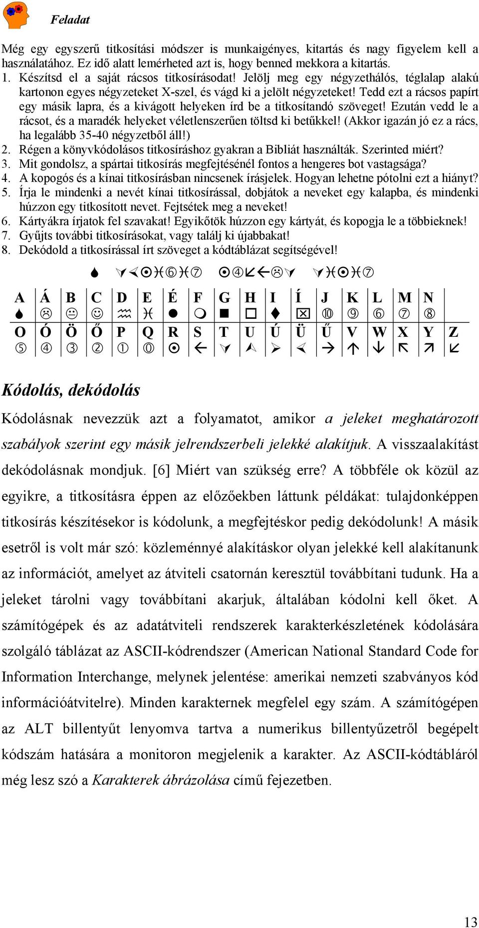 Tedd ezt a rácsos papírt egy másik lapra, és a kivágott helyeken írd be a titkosítandó szöveget! Ezután vedd le a rácsot, és a maradék helyeket véletlenszerűen töltsd ki betűkkel!