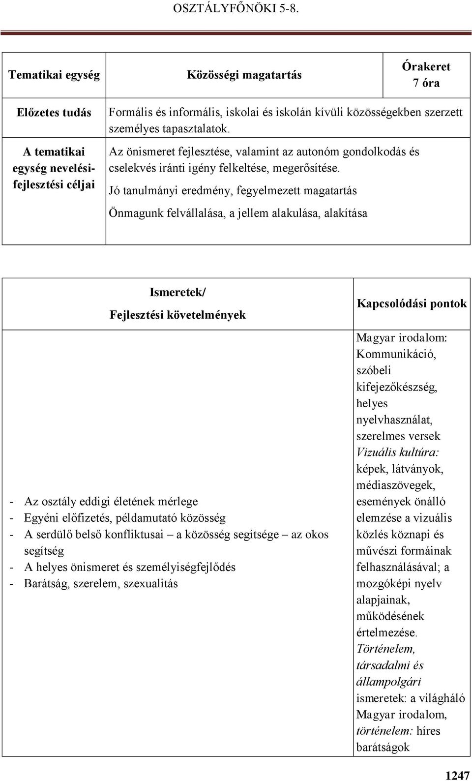 Jó tanulmányi eredmény, fegyelmezett magatartás Önmagunk felvállalása, a jellem alakulása, alakítása - Az osztály eddigi életének mérlege - Egyéni előfizetés, példamutató közösség - A serdülő belső