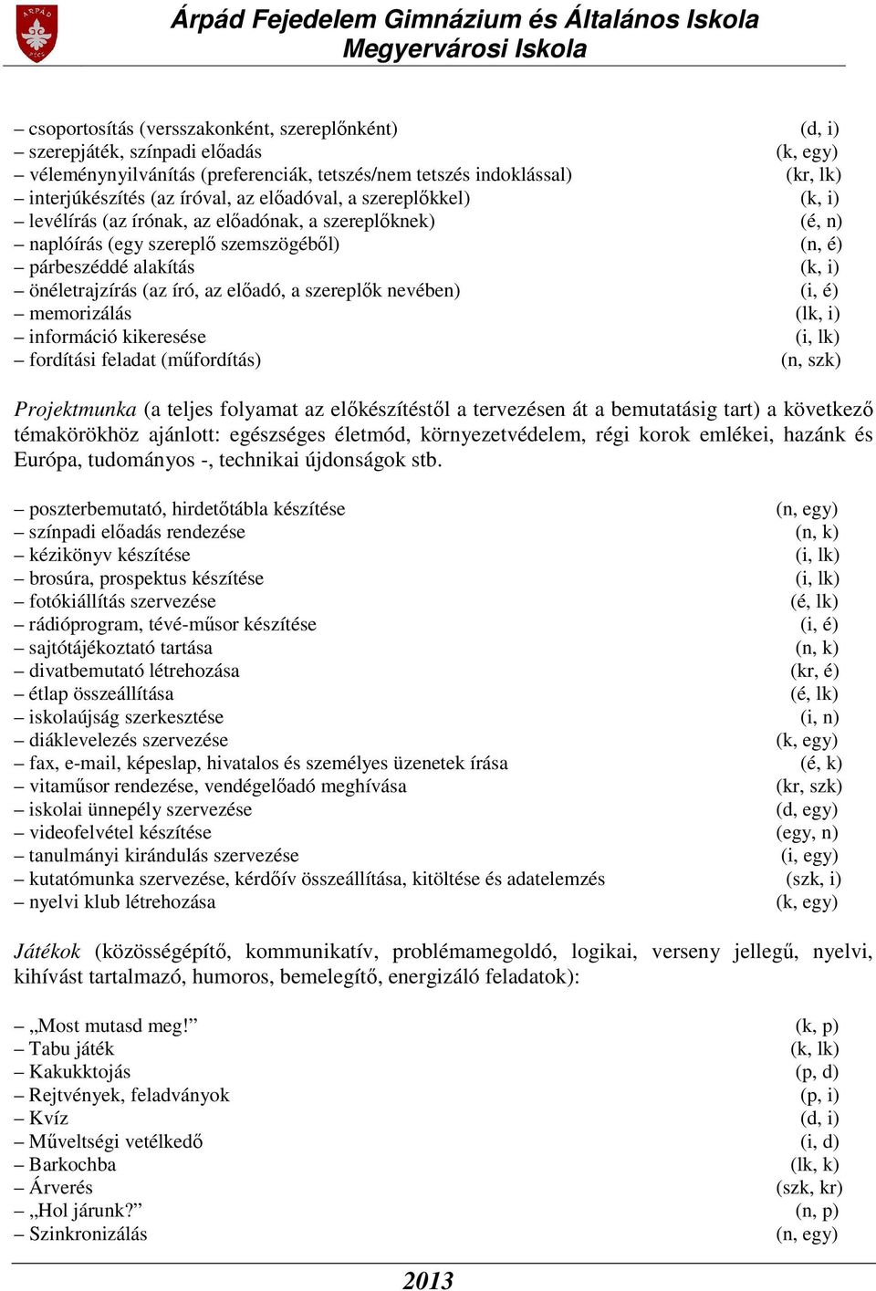 előadó, a szereplők nevében) (i, é) memorizálás (lk, i) információ kikeresése (i, lk) fordítási feladat (műfordítás) (n, szk) Projektmunka (a teljes folyamat az előkészítéstől a tervezésen át a