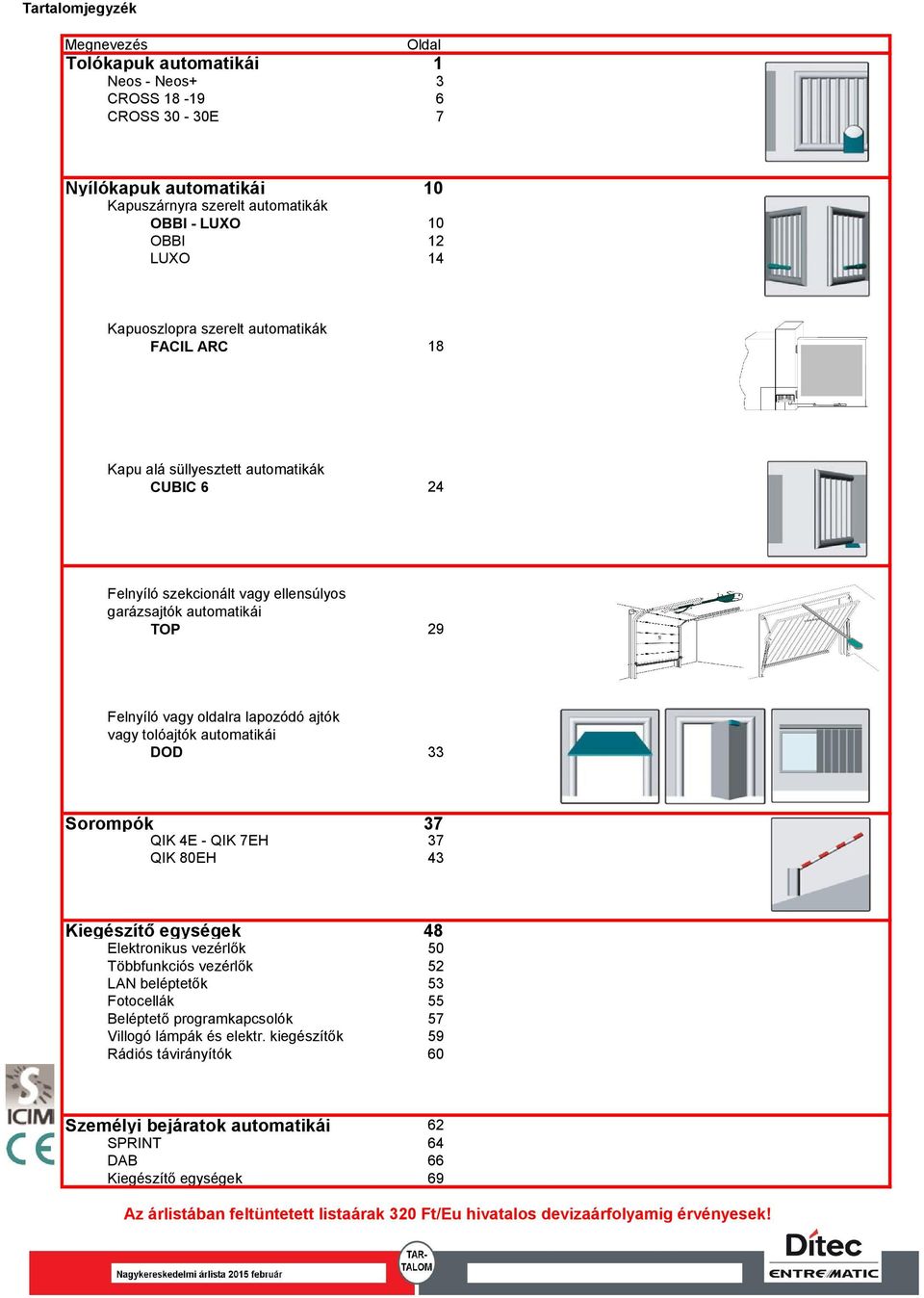 vagy tolóajtók automatikái DOD 33 Sorompók 37 QIK 4E - QIK 7EH 37 QIK 80EH 43 Kiegészítő egységek 48 Elektronikus vezérlők 50 Többfunkciós vezérlők 52 LAN beléptetők 53 Fotocellák 55 Beléptető