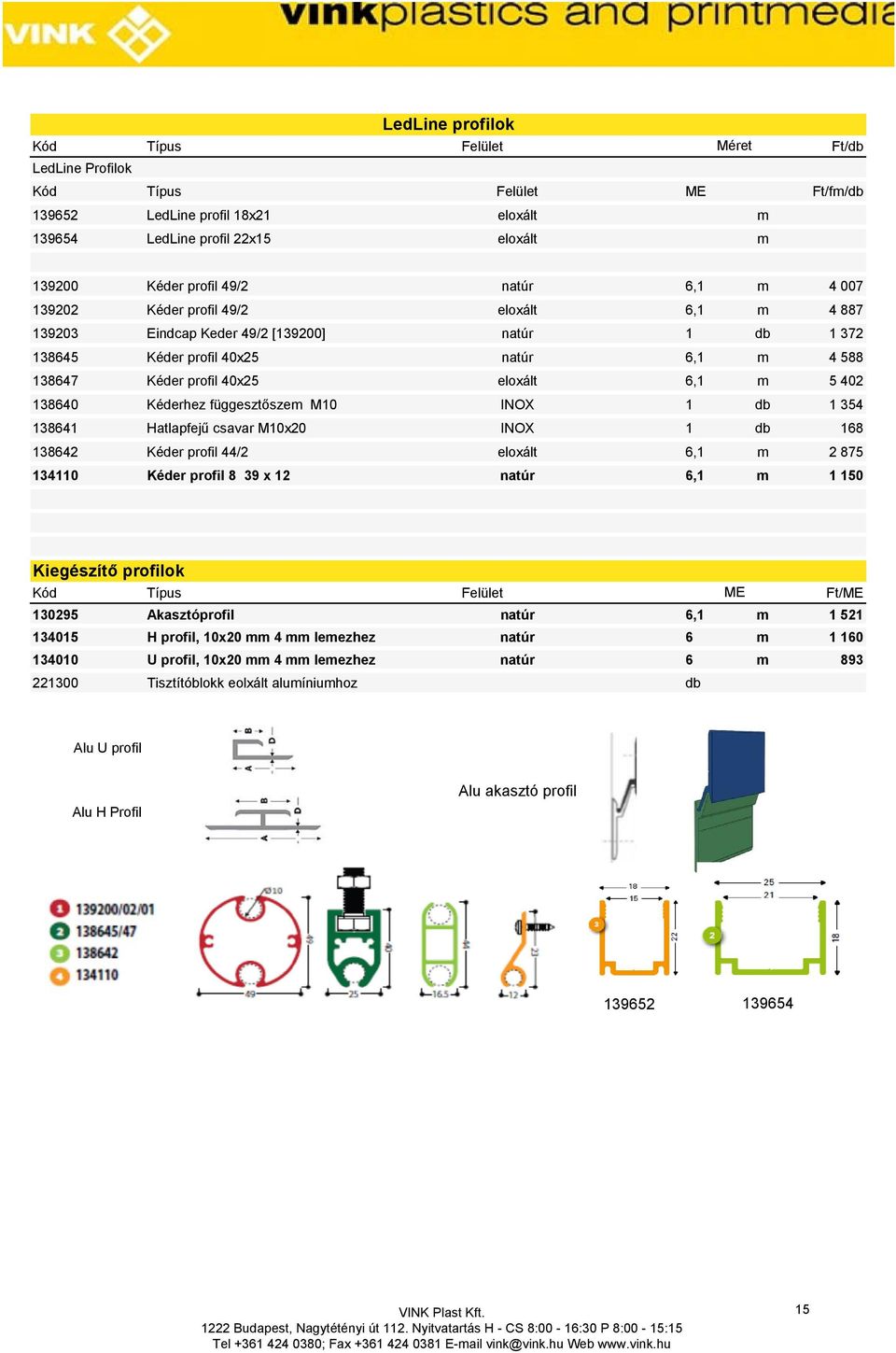 138641 Hatlapfejű csavar M10x20 INOX 1 db 168 138642 Kéder profil 44/2 eloxált 6,1 m 2 875 134110 Kéder profil 8 39 x 12 natúr 6,1 m 1 150 Kiegészítő profilok Ft/ME 130295 Akasztóprofil natúr 6,1 m 1