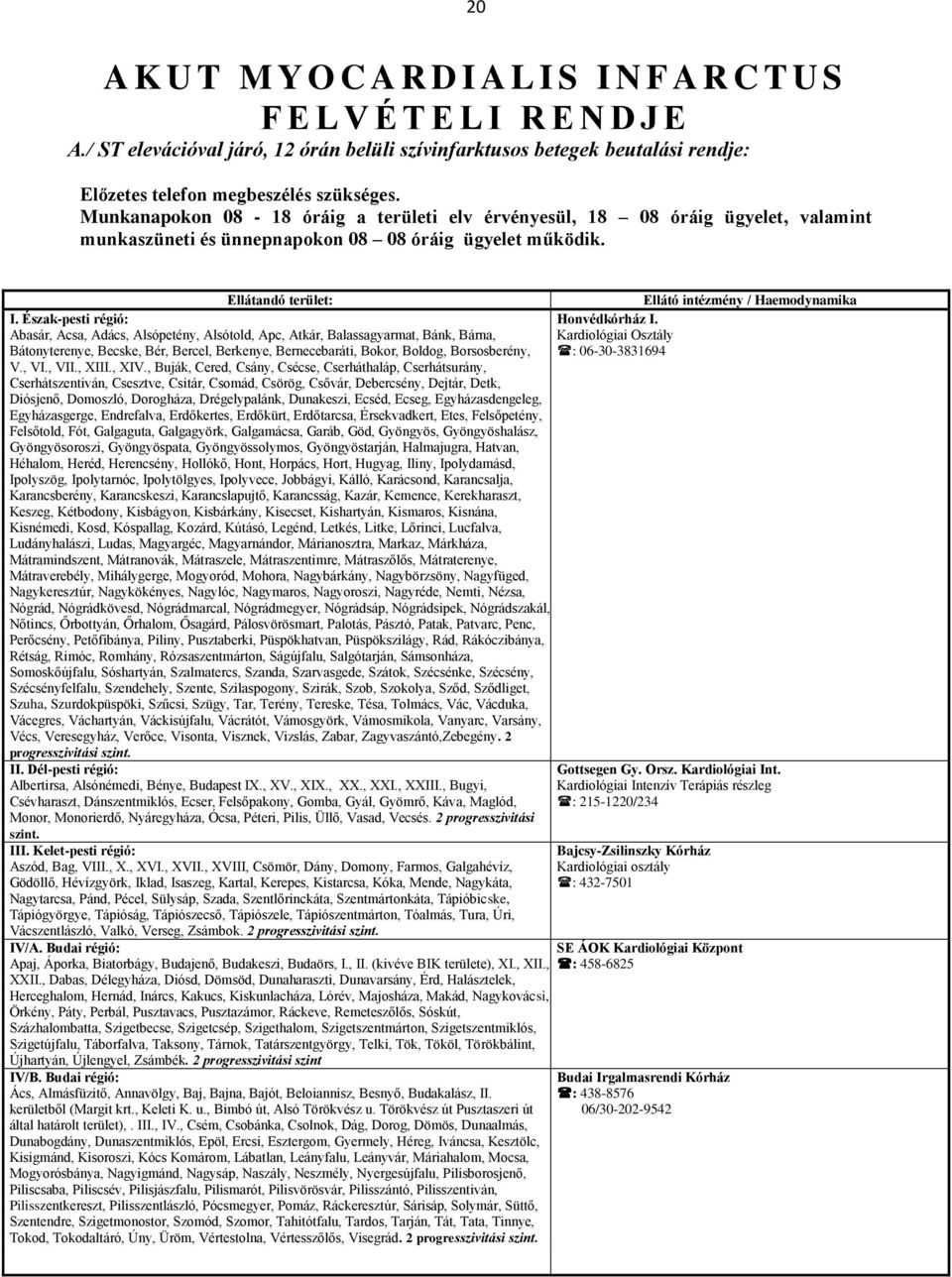 Munkanapokon 08-18 óráig a területi elv érvényesül, 18 08 óráig ügyelet, valamint munkaszüneti és ünnepnapokon 08 08 óráig ügyelet működik. Ellátandó terület: I.