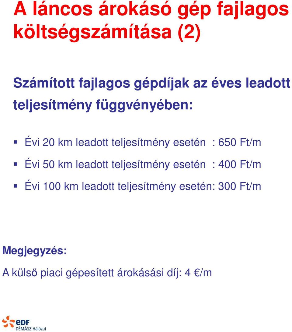 650 Ft/m Évi 50 km leadott teljesítmény esetén : 400 Ft/m Évi 100 km leadott