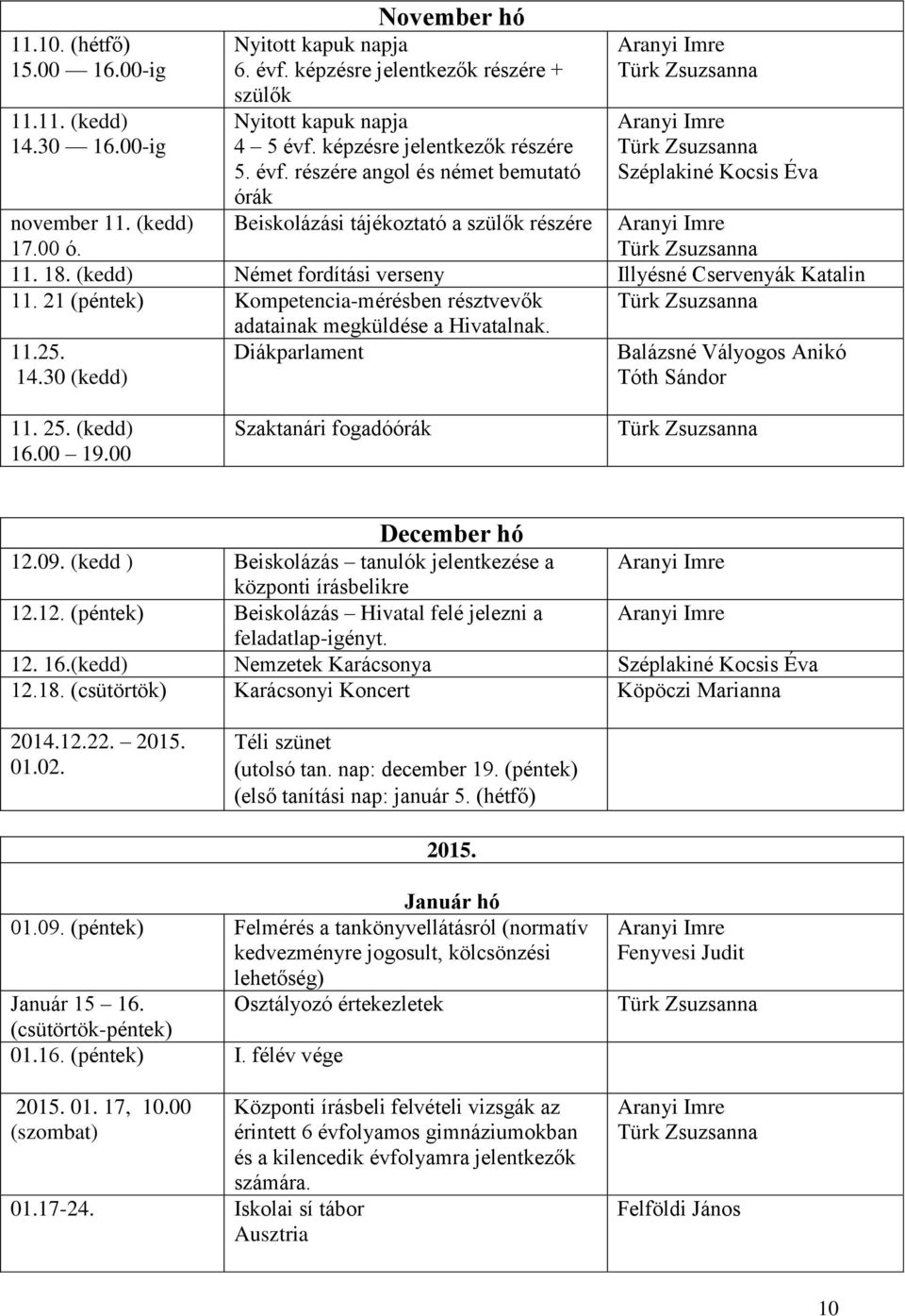 (kedd) Német fordítási verseny Illyésné Cservenyák Katalin 11. 21 (péntek) Kompetencia-mérésben résztvevők adatainak megküldése a Hivatalnak. 11.25. Diákparlament 14.30 (kedd) 11. 25. (kedd) 16.00 19.