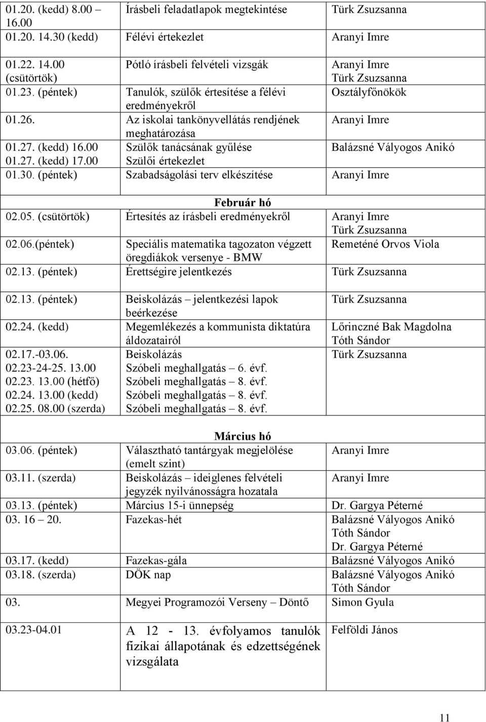 00 Szülői értekezlet 01.30. (péntek) Szabadságolási terv elkészítése Február hó 02.05. (csütörtök) Értesítés az írásbeli eredményekről 02.06.