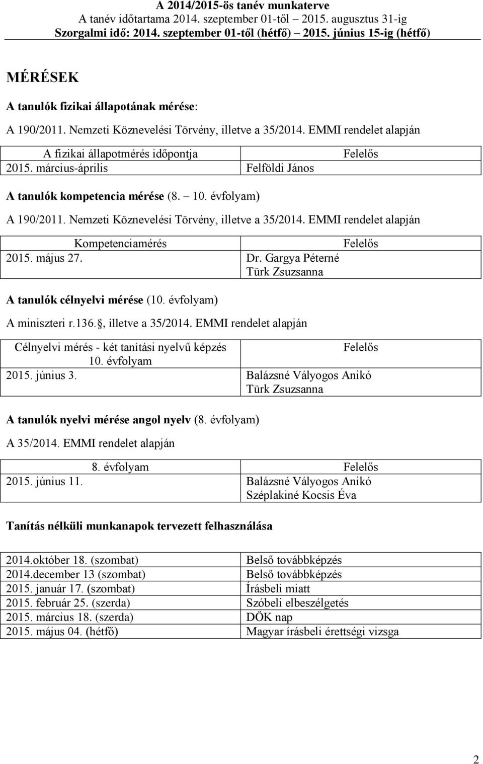 március-április Felföldi János Felelős A tanulók kompetencia mérése (8. 10. évfolyam) A 190/2011. Nemzeti Köznevelési Törvény, illetve a 35/2014. EMMI rendelet alapján Kompetenciamérés 2015. május 27.