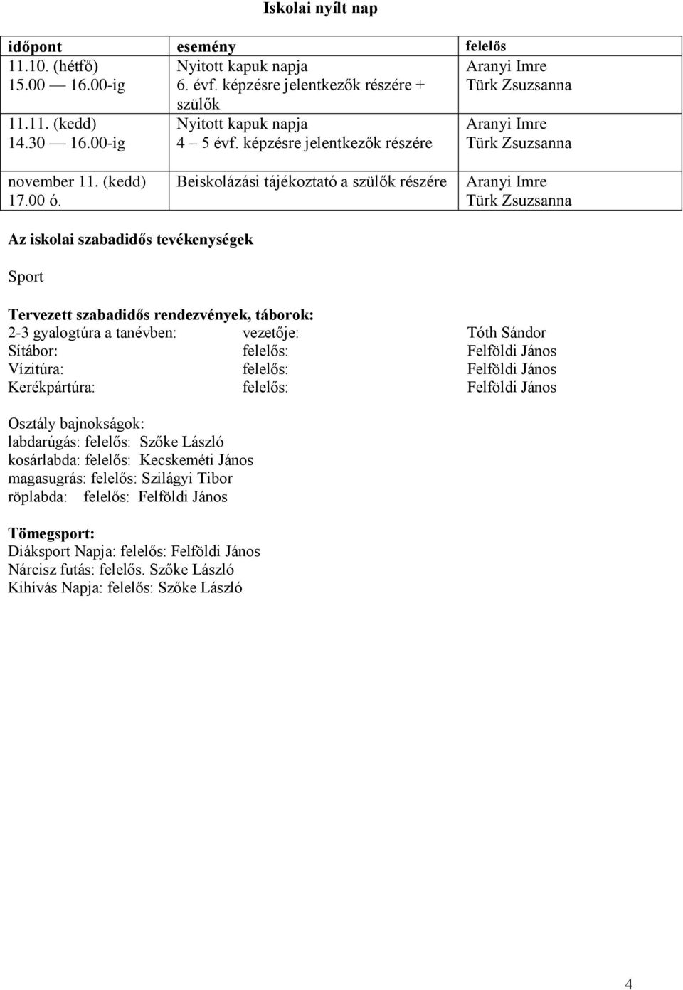 Beiskolázási tájékoztató a szülők részére Az iskolai szabadidős tevékenységek Sport Tervezett szabadidős rendezvények, táborok: 2-3 gyalogtúra a tanévben: vezetője: Sítábor: felelős: Felföldi János