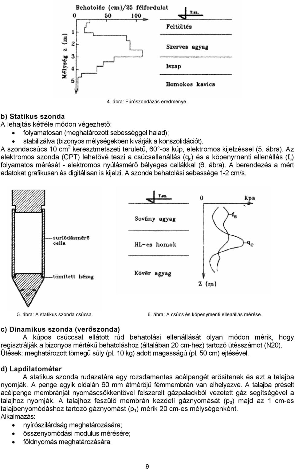 Az elektromos szonda (CPT) lehetővé teszi a csúcsellenállás (q c ) és a köpenyrnenti ellenállás (f s ) folyamatos mérését - elektromos nyúlásmérő bélyeges cellákkal (6. ábra).