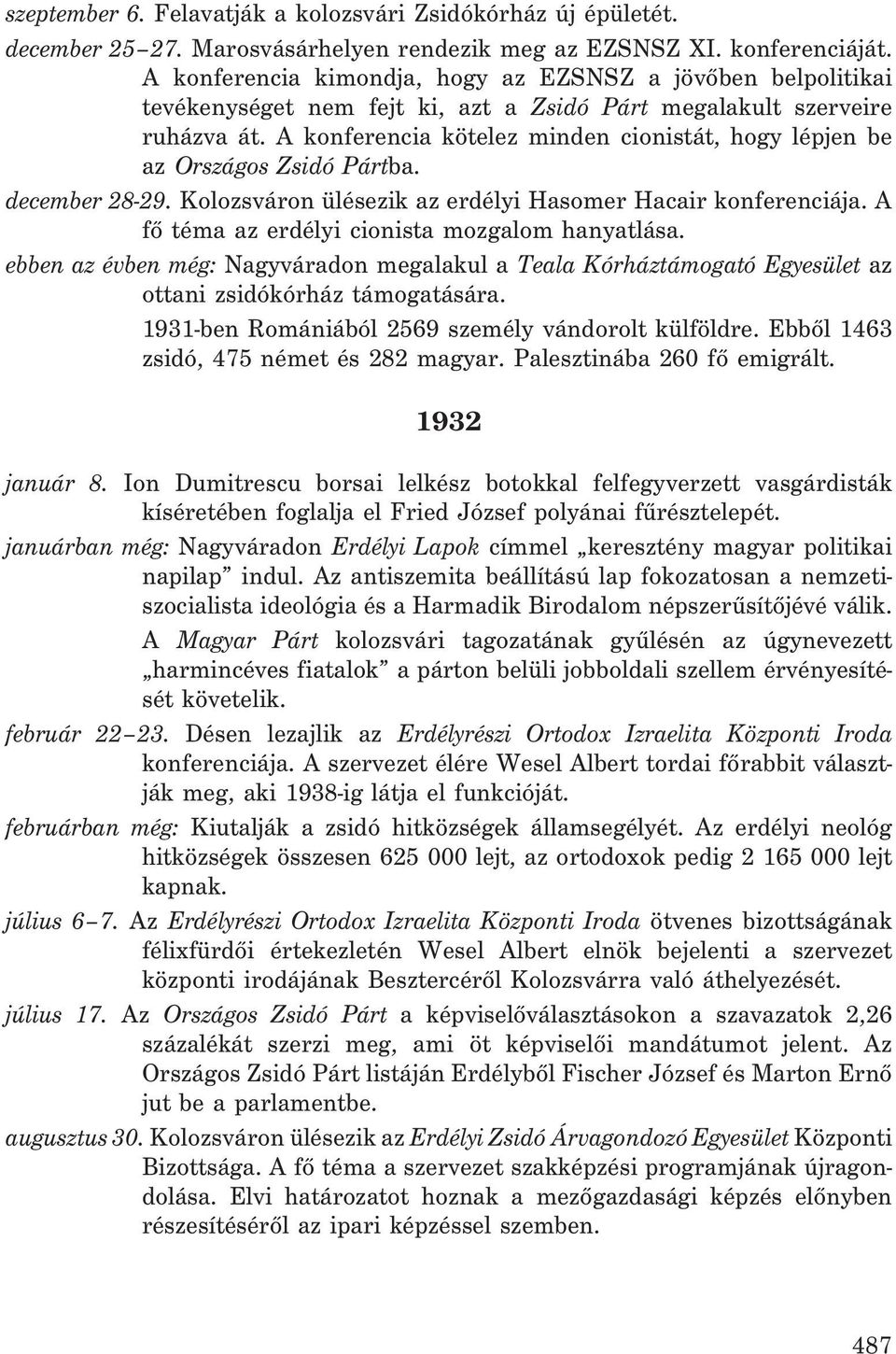 A konferencia kötelez minden cionistát, hogy lépjen be az Országos Zsidó Pártba. december 28-29. Kolozsváron ülésezik az erdélyi Hasomer Hacair konferenciája.