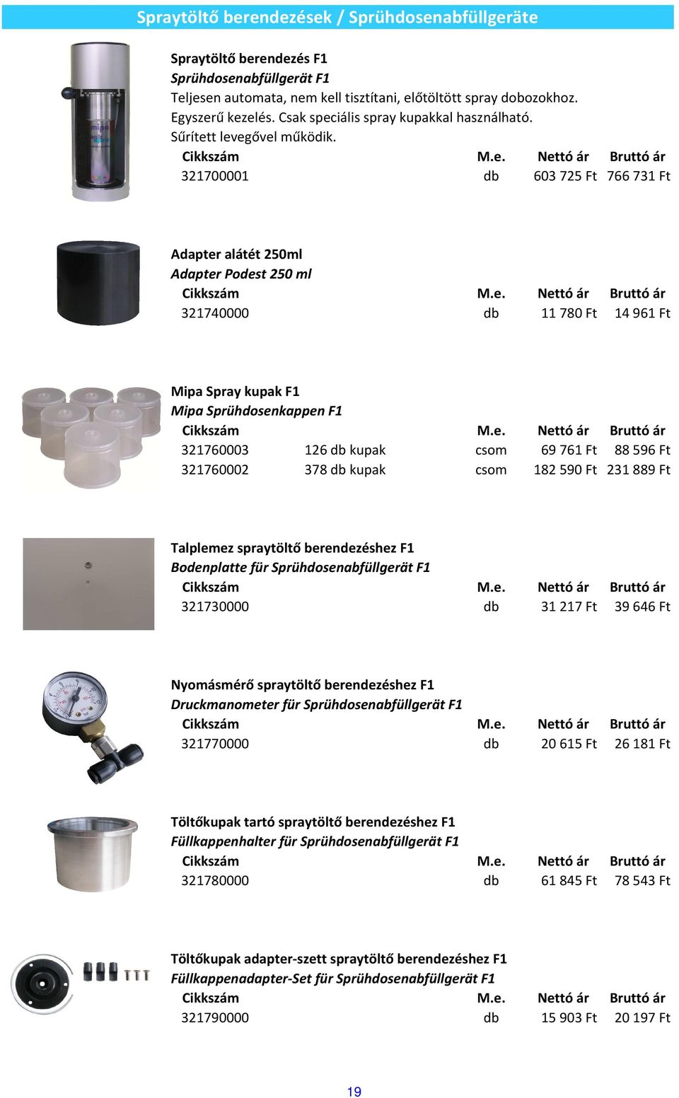 321700001 db 603 725 Ft 766 731 Ft Adapter alátét 250ml Adapter Podest 250 ml 321740000 db 11780 Ft 14961 Ft Mipa Spray kupak F1 Mipa Sprühdosenkappen F1 321760003 126 db kupak csom 69761 Ft 88596 Ft