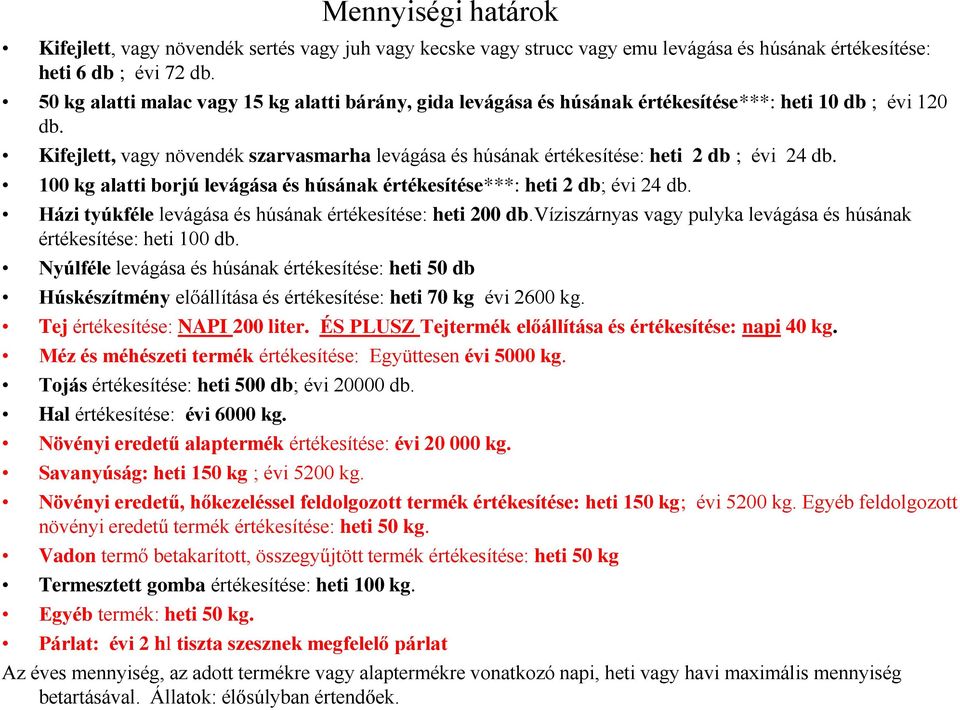 Kifejlett, vagy növendék szarvasmarha levágása és húsának értékesítése: heti 2 db ; évi 24 db. 100 kg alatti borjú levágása és húsának értékesítése***: heti 2 db; évi 24 db.