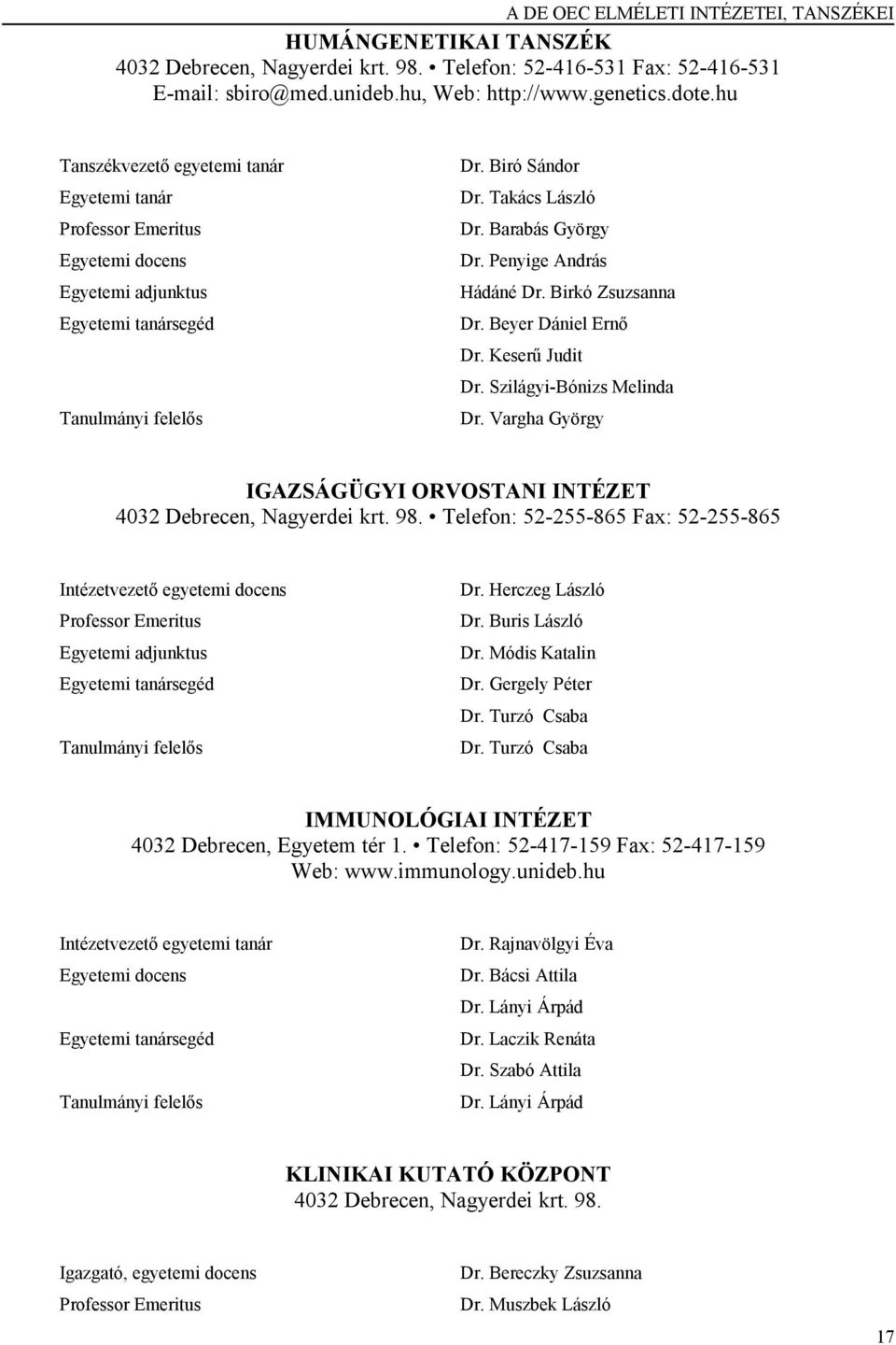 Penyige András Hádáné Dr. Birkó Zsuzsanna Dr. Beyer Dániel Ernő Dr. Keserű Judit Dr. Szilágyi-Bónizs Melinda Dr. Vargha György IGAZSÁGÜGYI ORVOSTANI INTÉZET 4032 Debrecen, Nagyerdei krt. 98.