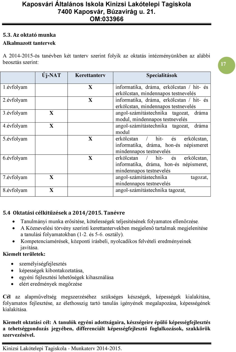 évfolyam X angol-számítástechnika tagozat, dráma modul, mindennapos testnevelés 4.évfolyam X angol-számítástechnika tagozat, dráma modul 5.