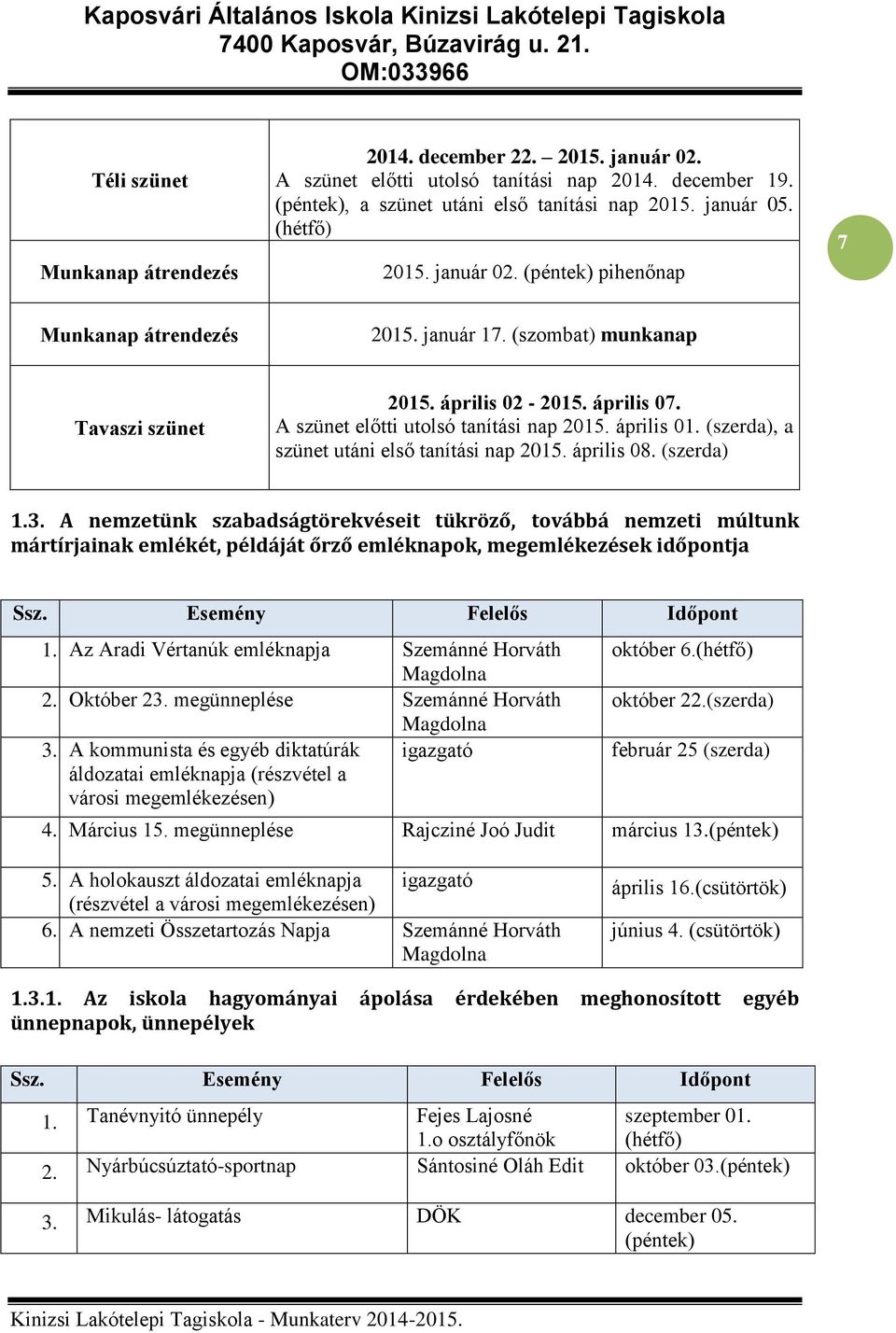 (szerda), a szünet utáni első tanítási nap 2015. április 08. (szerda) 1.3.